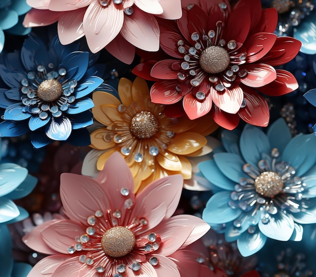 Il y a beaucoup de fleurs de couleurs différentes avec des perles sur eux générative ai