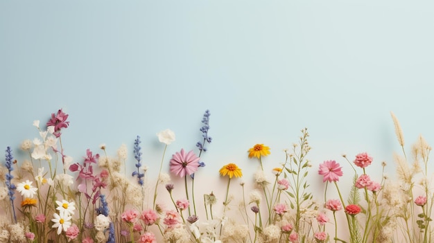 Il y a beaucoup de fleurs différentes dans un champ avec un ciel bleu génératif ai