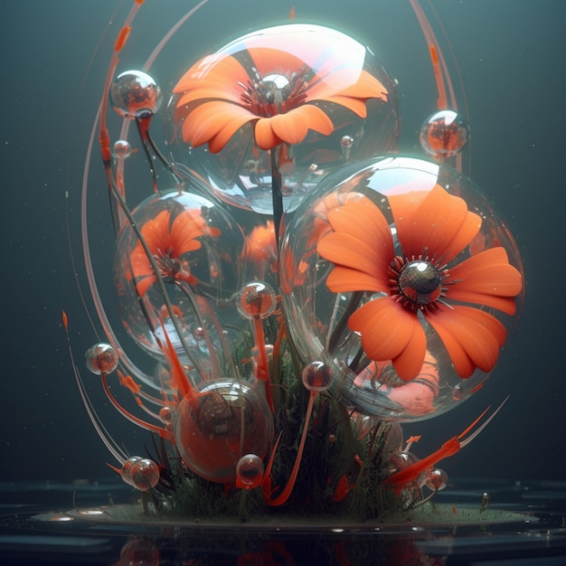 il y a beaucoup de fleurs orange dans un vase avec des bulles dessus ai générative