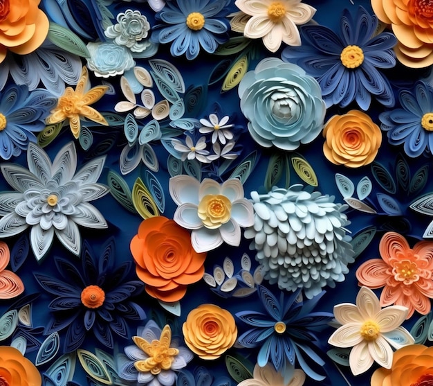 Il y a beaucoup de fleurs en papier qui sont sur une surface bleue ai générative