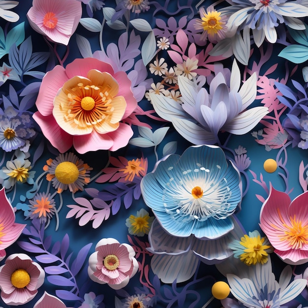 Il y a beaucoup de fleurs de papier qui sont sur une surface bleue générative ai