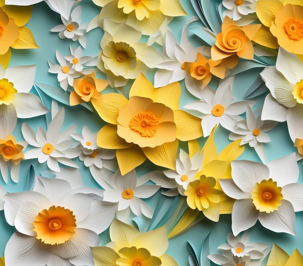 Il y a beaucoup de fleurs de papier qui sont sur une surface bleue générative ai