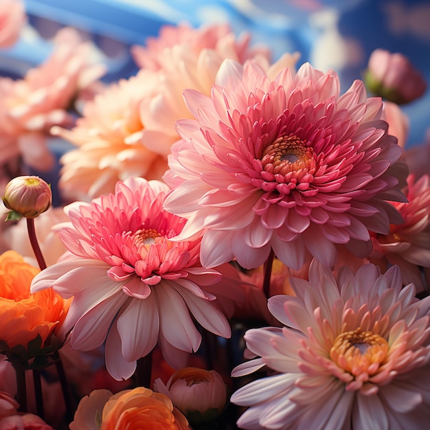 Il y a beaucoup de fleurs roses et oranges dans un vase ai générative