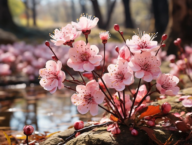 Il y a beaucoup de fleurs roses qui sortent d'un rocher par l'ai générative de l'eau