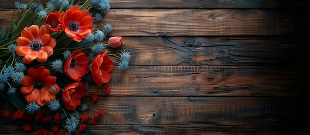 Il y a beaucoup de fleurs rouges sur une table en bois avec un fond sombre