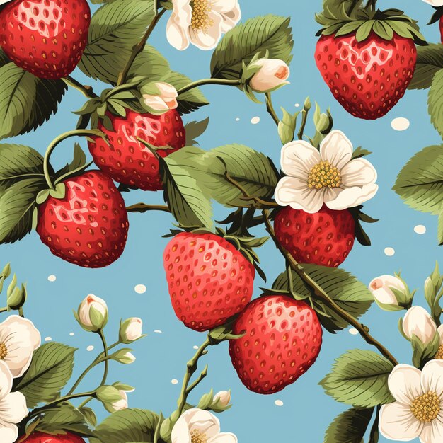 il y a beaucoup de fraises et de fleurs sur la branche d'un arbre générativ ai