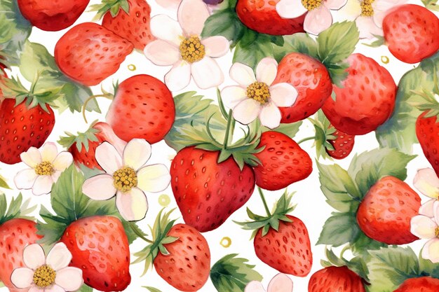 il y a beaucoup de fraises et de fleurs sur la surface blanche ai générative