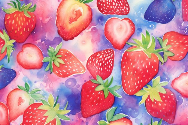 il y a beaucoup de fraises peintes sur un fond coloré ai générative