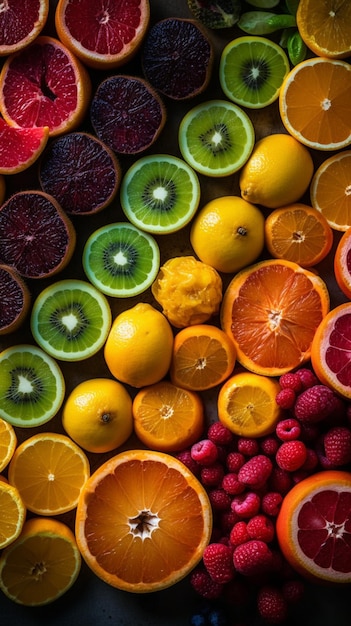Il y a beaucoup de fruits différents qui sont disposés ensemble sur une table générative ai