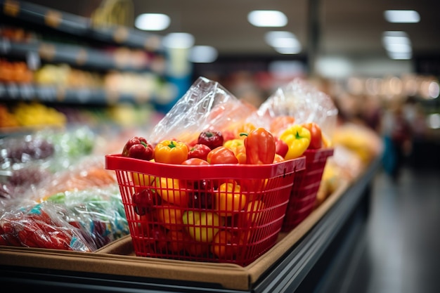 Il y a beaucoup de fruits et légumes dans les paniers sur le comptoir.