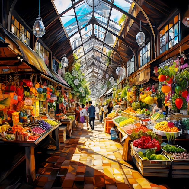 Il y a beaucoup de fruits et légumes exposés dans un marché AI générative