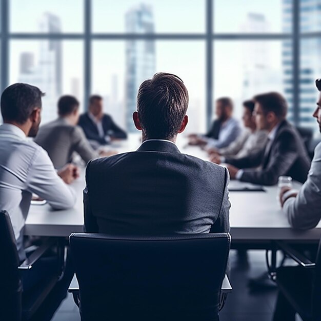 Il y a beaucoup de gens assis à une table dans une salle de conférence.