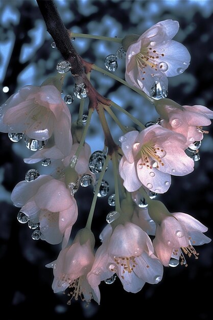 il y a beaucoup de gouttes d'eau sur les fleurs d'un arbre ai génératif