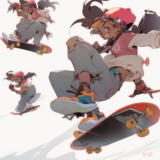 Il y a beaucoup d'images d'une fille sur un skateboard.