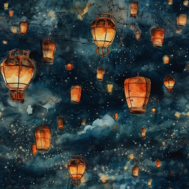 il y a beaucoup de lanternes qui volent dans le ciel avec des étoiles ai générative
