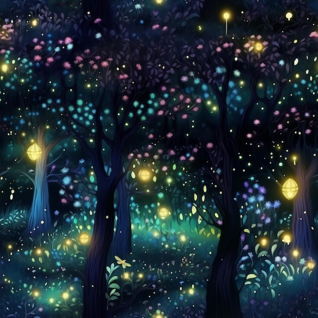 Il y a beaucoup de lucioles qui volent dans le ciel nocturne au-dessus des arbres.