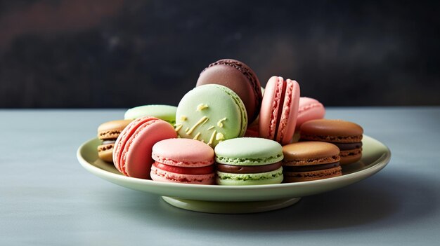 Il y a beaucoup de macarons de différentes couleurs dans un bol sur une table générative ai