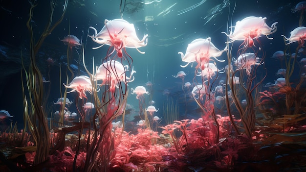 il y a beaucoup de méduses dans l'eau avec une IA génératrice d'algues rouges