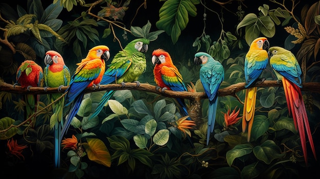 Il y a beaucoup d'oiseaux colorés assis sur une branche dans la jungle.