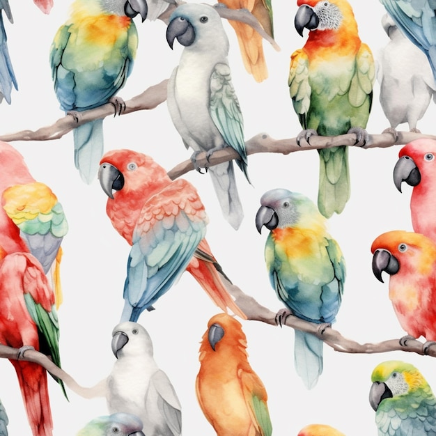 Photo il y a beaucoup d'oiseaux colorés assis ensemble sur une branche ai générative