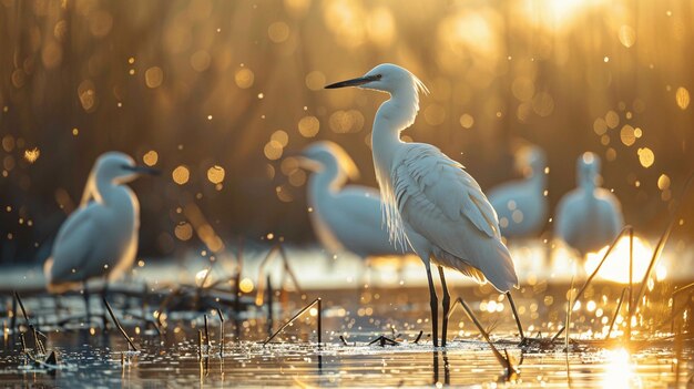 Il y a beaucoup d'oiseaux qui se tiennent dans l'eau au coucher du soleil.