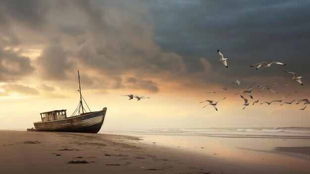 Il y a beaucoup d'oiseaux qui volent autour d'un bateau sur la plage.