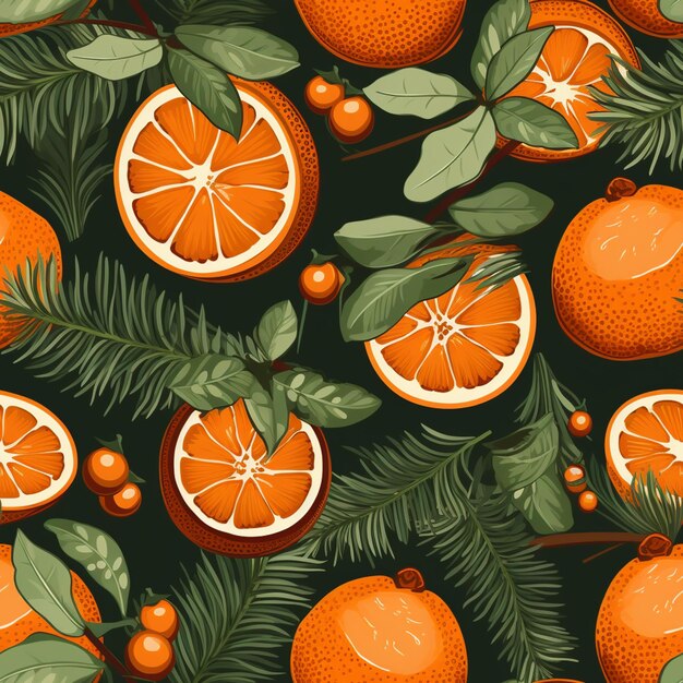 Il y a beaucoup d'oranges et de feuilles sur un fond vert.