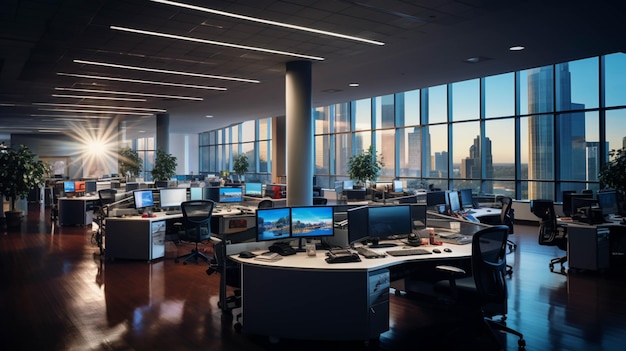 Il y a beaucoup d'ordinateurs et de moniteurs dans ce bureau avec vue sur l'IA générative de la ville