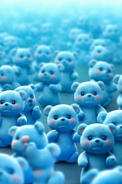 Il y a beaucoup d'ours en peluche bleus qui sont tous alignés.