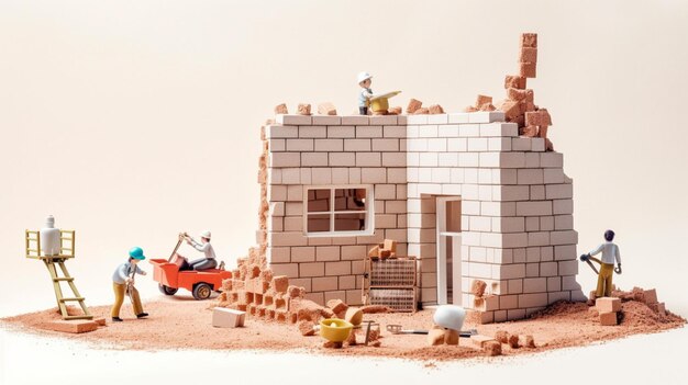 Il y a beaucoup d'ouvriers de la construction qui travaillent sur un bâtiment en briques.