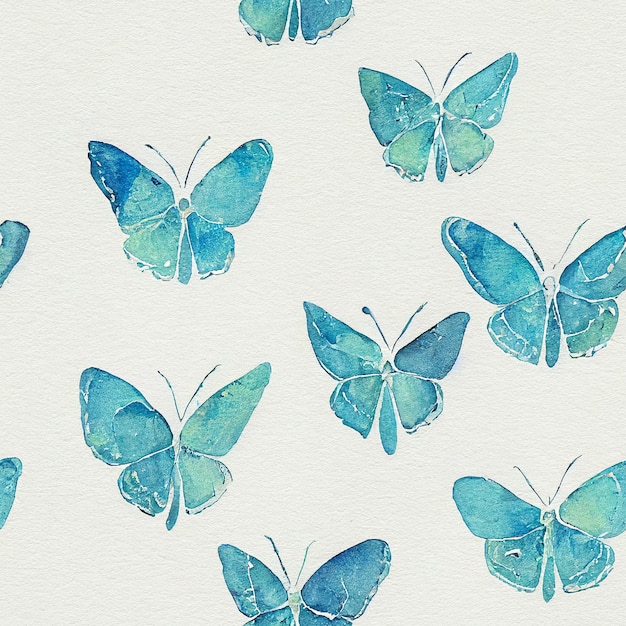 Il y a beaucoup de papillons bleus peints sur une surface blanche ai générative