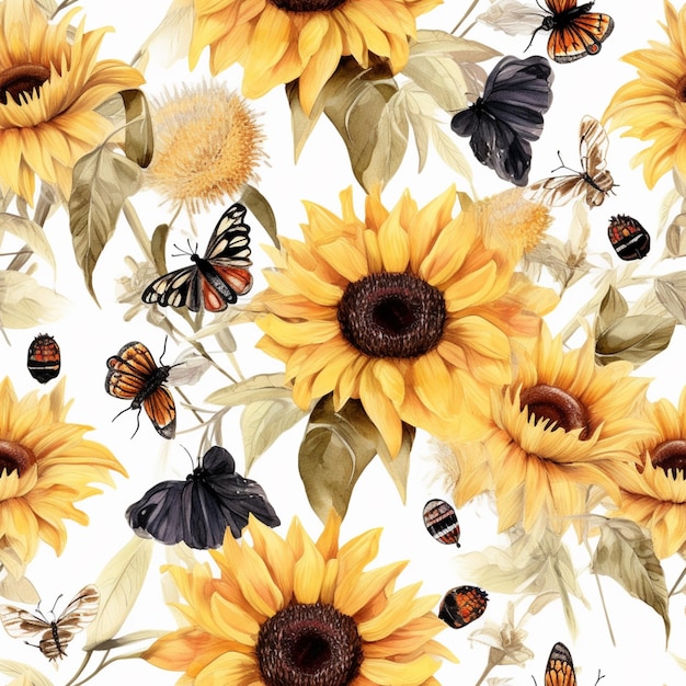 Il y a beaucoup de papillons et de tournesols sur le fond blanc ai générative