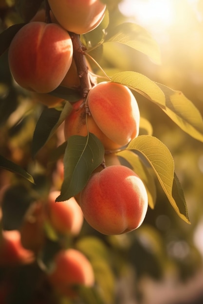 Il y a beaucoup de pêches qui poussent sur un arbre au soleil.