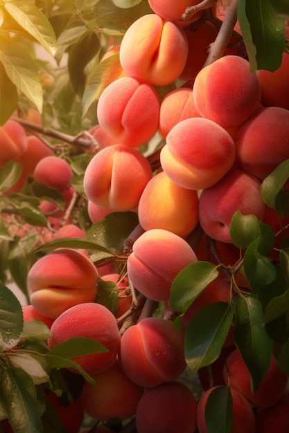 Il y a beaucoup de pêches qui poussent sur l'arbre au soleil.