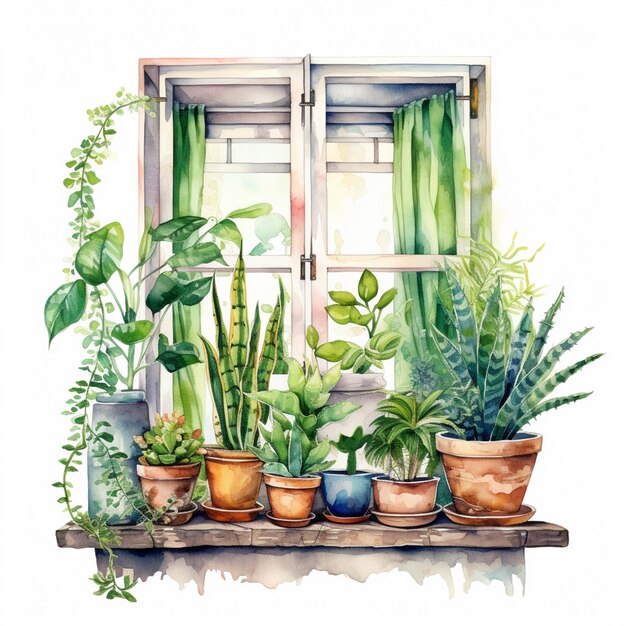 Il y a beaucoup de plantes en pot sur un rebord de fenêtre ai générative