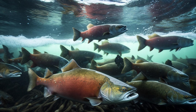 Il y a beaucoup de poissons dans l'eau près de la rive d'une rivière ai générative