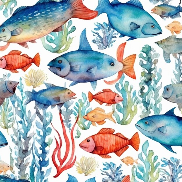 Photo il y a beaucoup de poissons de différentes couleurs dans l'eau sur ce fond blanc.