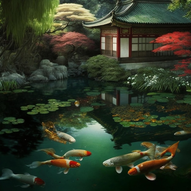 Il y a beaucoup de poissons nageant dans un étang dans un jardin japonais ai génératif