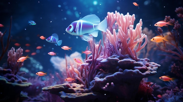 il y a beaucoup de poissons qui nagent dans un grand aquarium avec une IA génératrice de coraux