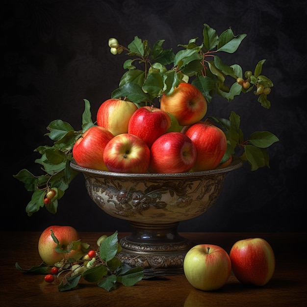 il y a beaucoup de pommes dans un bol sur une table ai générative