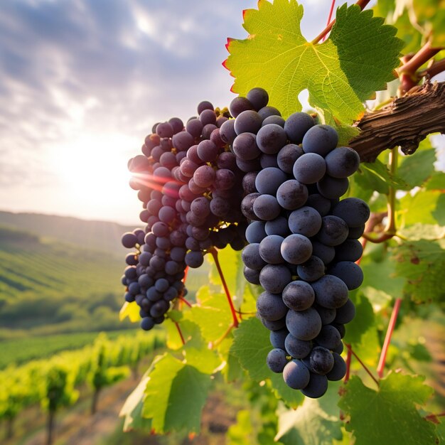 Il y a beaucoup de raisins accrochés à la vigne dans la vigne générative ai