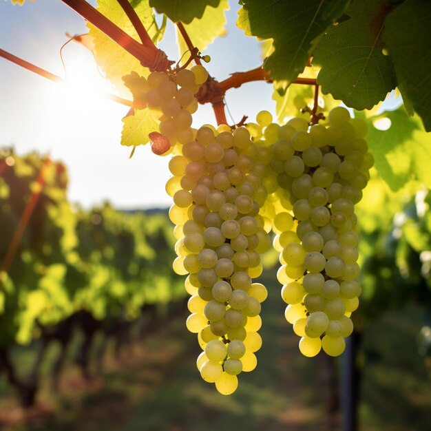 Il y a beaucoup de raisins accrochés à la vigne dans la vigne générative ai