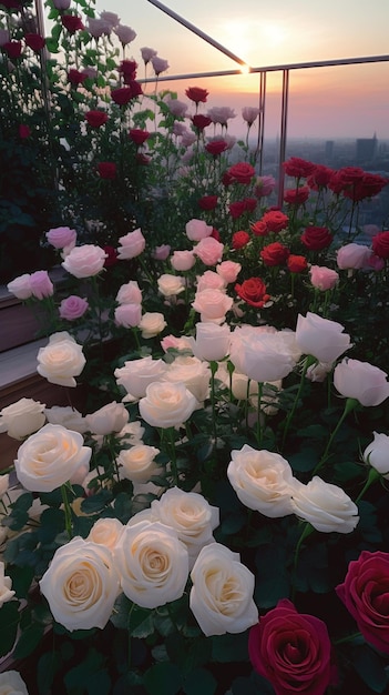 il y a beaucoup de roses blanches et rouges dans un jardin ai génératif