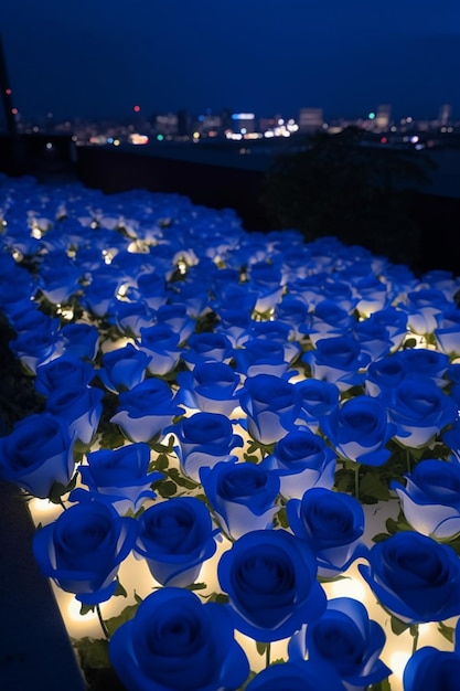 il y a beaucoup de roses bleues qui sont éclairées dans le noir ai génératif