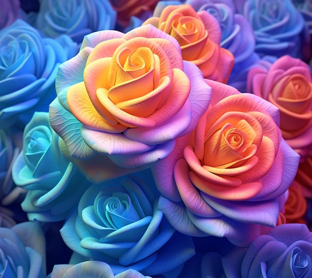 Il y a beaucoup de roses de différentes couleurs dans un bouquet ensemble générative ai