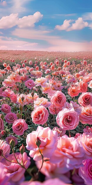 Photo il y a beaucoup de roses roses dans un champ de fleurs roses générative ai