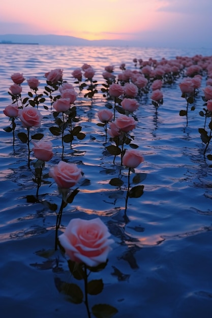 il y a beaucoup de roses roses dans l'eau au coucher du soleil ai génératif