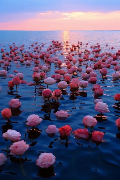 il y a beaucoup de roses roses flottant dans l'eau au coucher du soleil ai génératif