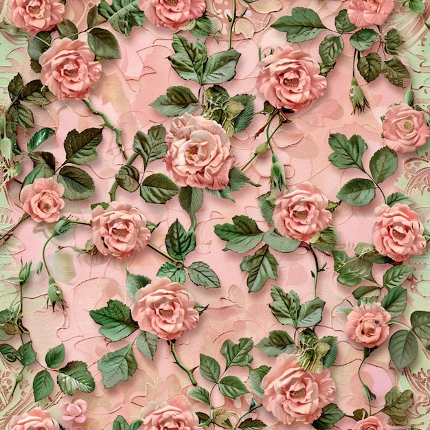 Il y a beaucoup de roses roses sur un fond rose avec des feuilles vertes générative ai