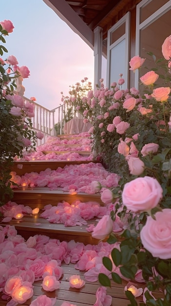 il y a beaucoup de roses roses sur les marches d'une maison ai générative